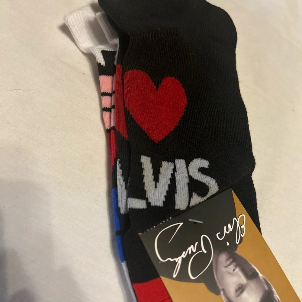 Elvis Presley 2 Pair Ankle Socks Set Black Red‎ Heart White Pop Art US 7-12 NEW